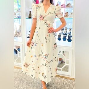 Floral Cream Midi Dress with Puff Sleeves